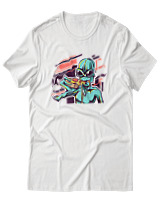 T-Shirt Αντρικό - Alien Eating Pizza - Color Thumbnail Άσπρο