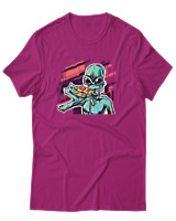 T-Shirt Αντρικό - Alien Eating Pizza - Color Thumbnail Φουξια