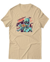 T-Shirt Αντρικό - Alien Eating Pizza - Color Thumbnail Μπεζ