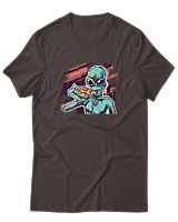 T-Shirt  Γυναικείο - Alien Eating Pizza - Color Thumbnail Καφέ