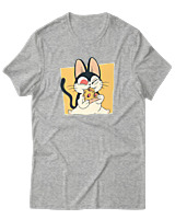 T-Shirt Αντρικό - Cat Eating Pizza - Color Thumbnail Γκρι Μελανζέ
