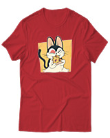 T-Shirt Αντρικό - Cat Eating Pizza - Color Thumbnail Κόκκινο
