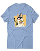 T-Shirt Αντρικό - Cat Eating Pizza - Color Thumbnail Γαλάζιο