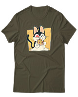 T-Shirt Αντρικό - Cat Eating Pizza - Color Thumbnail Χακί