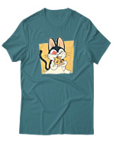 T-Shirt Αντρικό - Cat Eating Pizza - Color Thumbnail Μπλε Πράσινο