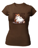 T-Shirt Στενή Γραμμή - Eat Again Repeat Cat - Color Thumbnail Καφέ