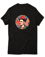 T-Shirt Αντρικό - Frida Kahlo Circle With Flowers - Color Thumbnail Μαύρο