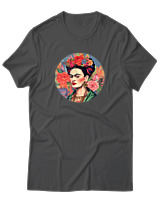 T-Shirt Αντρικό - Frida Kahlo Circle With Flowers - Color Thumbnail Ανθρακί