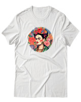 T-Shirt Αντρικό - Frida Kahlo Circle With Flowers - Color Thumbnail Άσπρο