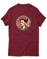 T-Shirt Αντρικό - Frida Kahlo Circle With Flowers - Color Thumbnail Σκούρο Κόκκινο
