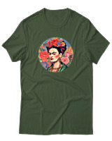 T-Shirt Αντρικό - Frida Kahlo Circle With Flowers - Color Thumbnail Κυπαρισσί